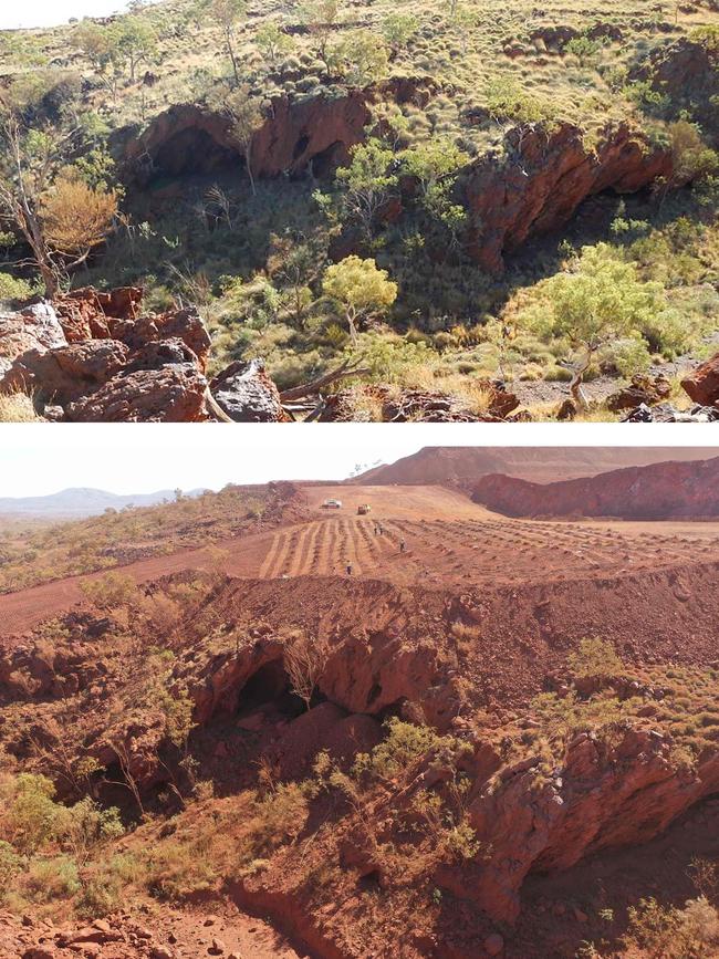 Photos released by the PKKP Aboriginal Corporation shows Juukan Gorge in Western Australia taken in 2013 (top) and how it was on May 15, 2020 (bottom). Picture: AFP