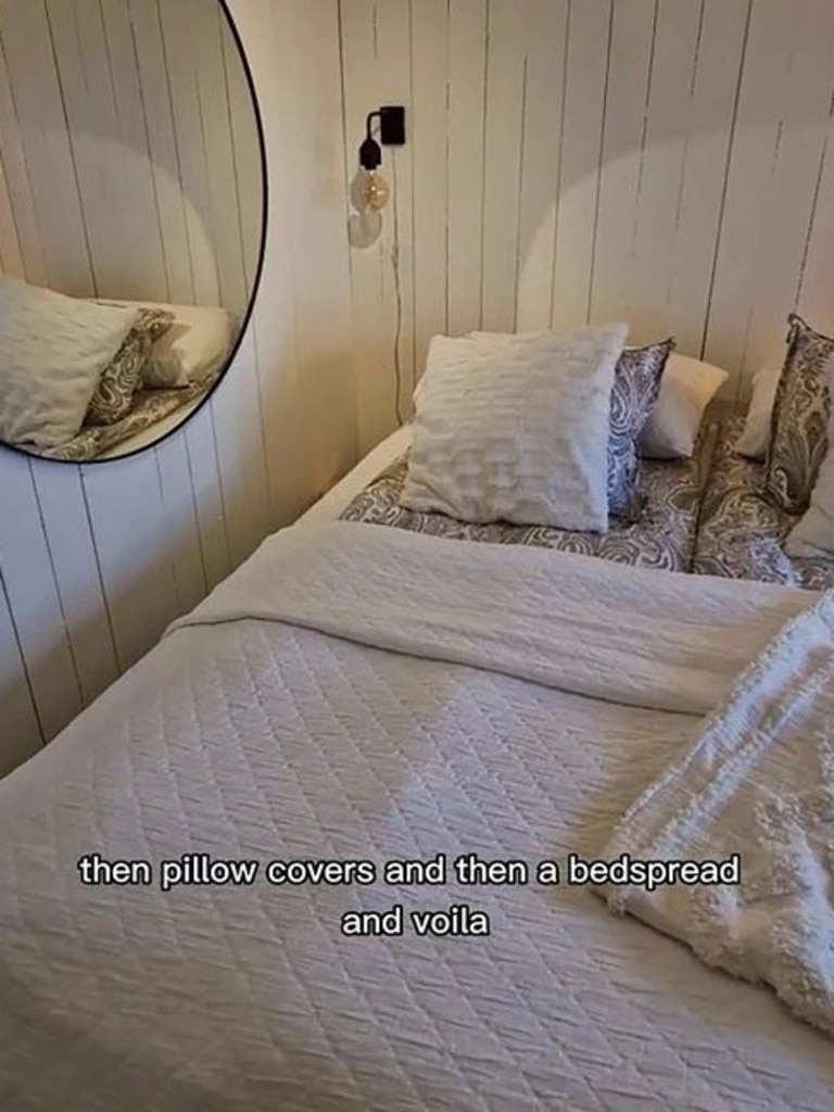 The woman from Norway says both doonas are then covered again by a large bedspread. Picture: TikTok/@sejsejlija