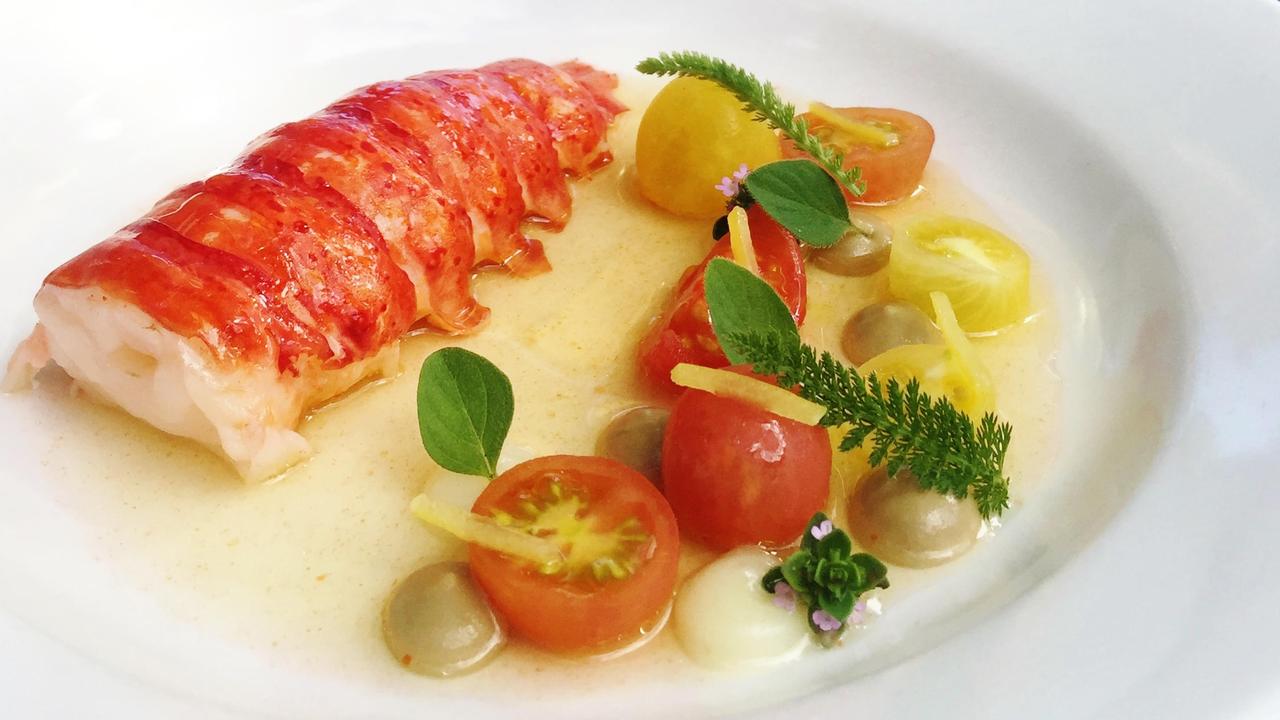 Pemberton marron with baby tomatoes, green olive, lemon, oregano and yarrow with tomato water. Just one of the incredible dishes at Cullen Wines in the Margaret River region of WA.