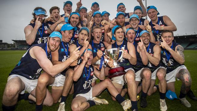 Launceston celebrates winning the 2020 TSL grand final. Picture: LUKE BOWDEN