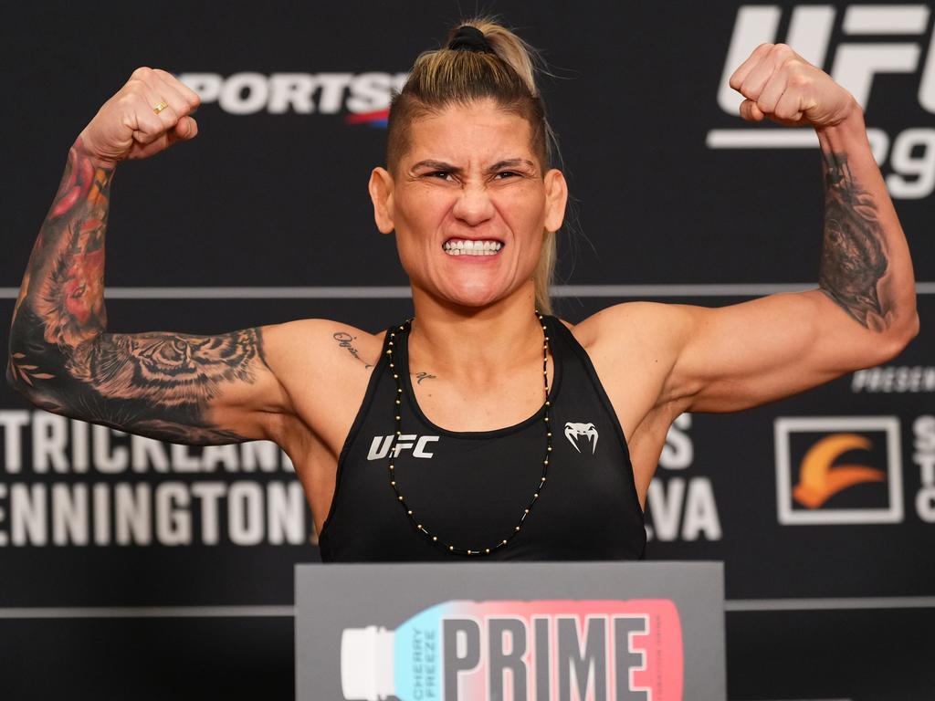 Priscila Cachoeira mean mugs on the scales despite missing weight by nearly 10 pounds. Picture: Jeff Bottari/Zuffa LLC via Getty Images