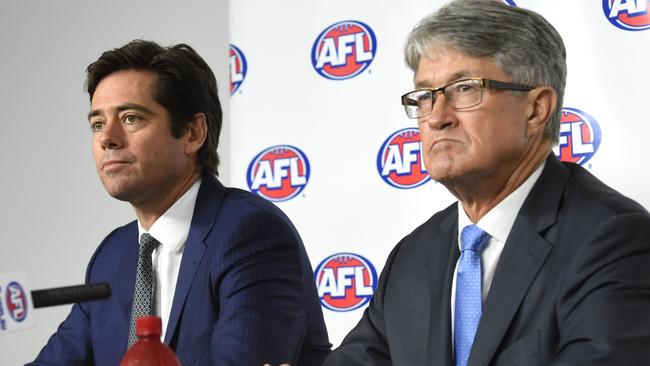 AFL CEO Gillon McLachlan and former AFL chairman Mike Fitzpatrick. Picture: Kylie Else