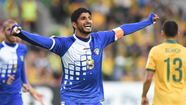 Mesaed Alenzi of Kuwait celebrates after his team scores a goal during the first round Asian Cup football match between Australia and Kuwait in Melbourne on January 9, 2015. AFP PHOTO / MAL FAIRCLOUGH IMAGE RESTRICTED TO EDITORIAL USE - STRICTLY NO COMMERCIAL USE