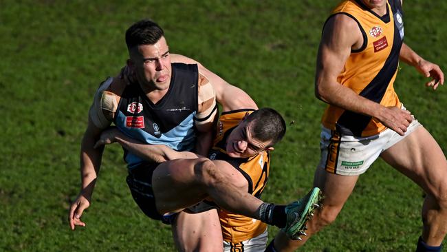 AberfeldieÃs Stefan Rasinac and StrathmoreÃs Brendan Butler during the EDFL Premier Division grand final between Aberfeldie and Strathmore at Windy Hill Oval in Essendon, Saturday, Sept. 10, 2022. Picture: Andy Brownbill