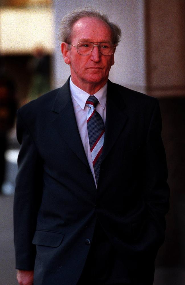 JUNE, 17, 1999: Peter Russell, former senior safety officer with James Hardie Industries after giving evidence against Hardie's during case for Peter Thurbon at Dust Disease Tribunal in Sydney where Thurbon is suing James Hardie &amp; Company for contracting lung cancer mesothelioma caused from asbestos dust in their manufactured cement sheeting. Picture: Brett Faulkner.