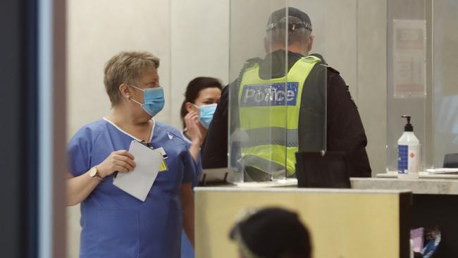 Victoria Police step in to guard Novotel in Melbourne after issues with hotel quarantine Thursday, October 1, 2020. Picture: David Crosling