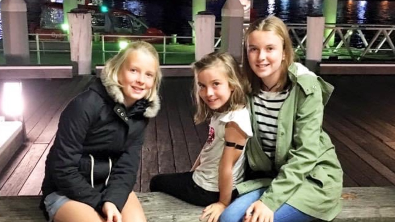 In 2016, the Milthorpe family travelled from Albury to Sydney for the trial, with Pippa (left) and Rose (centre) due to take the stand. Seen here with their older sister Maggie. Picture: Copyright news.com.au