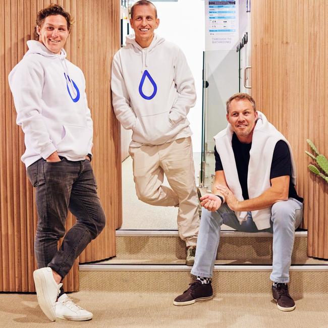 Former captain of the Australian Wallabies, Michael Hooper (left), is part-owner of a new hi-tech “wellness” and sports injury recovery studio group with Nick Bardetta (centre) and Stephen Hoiles. Picture: Recoverie