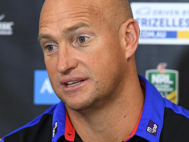 Knights coach Nathan Brown during a press conference following the Round 9 NRL match between the Gold Coast Titans and the Newcastle Knights at Cbus Super Stadium in Robina on the Gold Coast, Saturday, April 29, 2017. (AAP Image/Dave Hunt) NO ARCHIVING, EDITORIAL USE ONLY