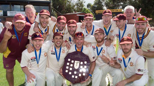 Tea Tree Gully coach Peter Sleep (left), pictured after last season’s grand final win, has left the Bulls to become Sri Lanka’s spin coach. Picture: Simon Stanbury.