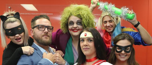 Nimble hosted Super Hero Day to raise money for the Prostate Cancer Foundation. Staff members in character from left to right: Karlene Teao as Catwoman, Matt Crighton as Clark Kent, Sheena Perkins as Sailor Mars, Jessica Bennett as The Joker, Courtney Mudge as The Joker, and Brian Bridge as Harley Quinn. Picture: Glenn Hampson