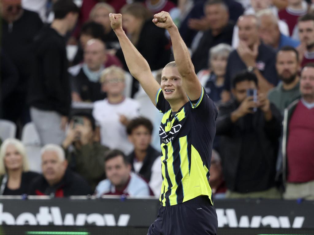 LONDON, ENGLAND - AUGUST 31: Erling Haaland of Manchester City celebrates his 3rd goal during the Premier League match between West Ham United FC and Manchester City FC at London Stadium on August 31, 2024 in London, England. (Photo by Neal Simpson/Sportsphoto/Allstar via Getty Images)