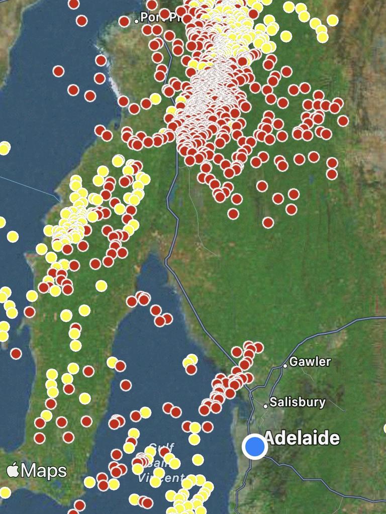 There were also plenty of strikes recorded on Yorke Peninsula and over Gulf St Vincent.