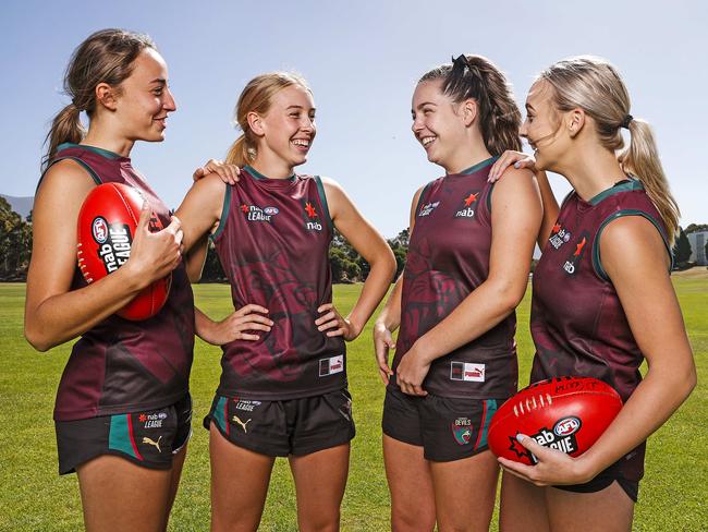 Members of the Tasmania Devils girls leadership group Perri King, 17, Claire Ransom,16, Amy Prokopiec, 17 and Jemma Webster, 18 ahead of their first game of the NAB League Girls season. Picture: Zak Simmonds