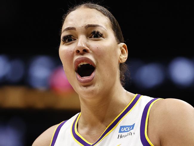 SEATTLE, WASHINGTON - MAY 20: Liz Cambage #1 of the Los Angeles Sparks reacts against the Seattle Storm during the first half at Climate Pledge Arena on May 18, 2022 in Seattle, Washington. NOTE TO USER: User expressly acknowledges and agrees that, by downloading and or using this photograph, User is consenting to the terms and conditions of the Getty Images License Agreement.   Steph Chambers/Getty Images/AFP == FOR NEWSPAPERS, INTERNET, TELCOS & TELEVISION USE ONLY ==