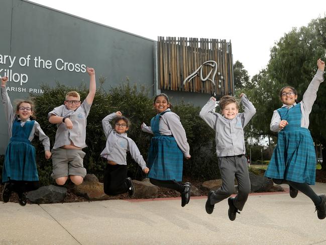 Students (L - R) Mia, Joseph, Ranell, Sayumi, Ethan and Joanna at St Mary of the Cross school on Friday, September 13, 2019, in Epping, Victoria, Australia. Picture: Hamish Blair