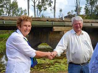 SHAKE ON IT: Deputy Mayor Faye Whelan has Member Flynn Ken O'Dowd shake on a commitment to get the North Burnett a new bridge. Picture: Felicity Ripper