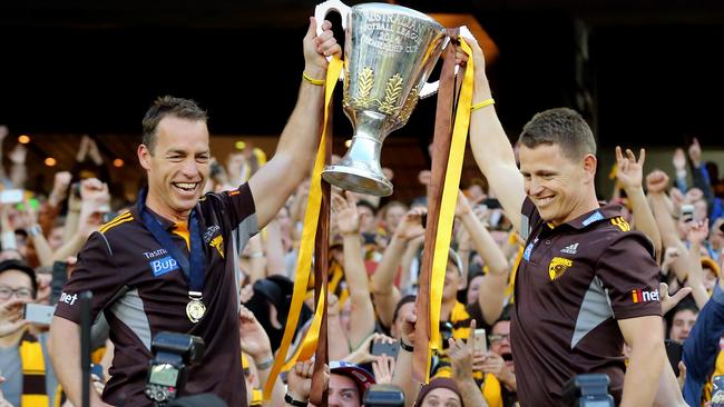 2014 AFL Grand Final match between Hawthorn Hawks and the Sydney Swans at the MCG Melbourne Cricket Ground on September 27, 2014. Hawthorn coach Alastair Clarkson and assistant coach Brendon Bolton. Picture: Alex Coppel.