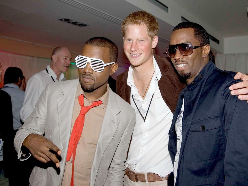 Prince Harry with Kanye West and P Diddy at the after party for the Concert for Diana at Wembley Stadium in 2007. Picture: Getty Images