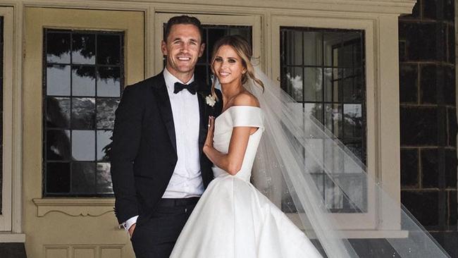 Brit and Joel Selwood have announced their baby news. Photos: Joey and Jase