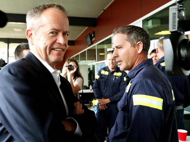 Opposition Leader Bill Shorten with the electrical engineer in Gladstone. Picture: Kym Smith