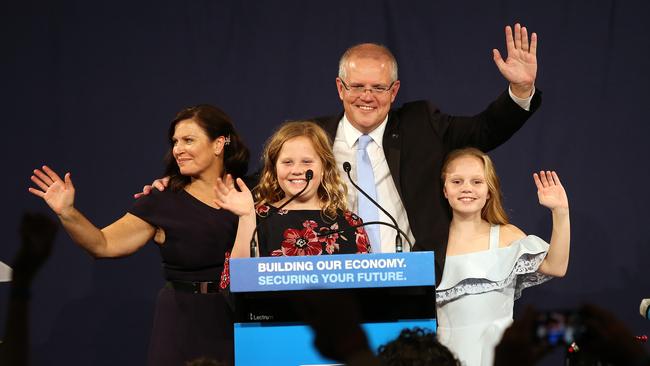 Mr Morrison addresses the Liberal faithful with his wife and kids by his side after electoral victory in 2019. Picture, Sam Ruttyn