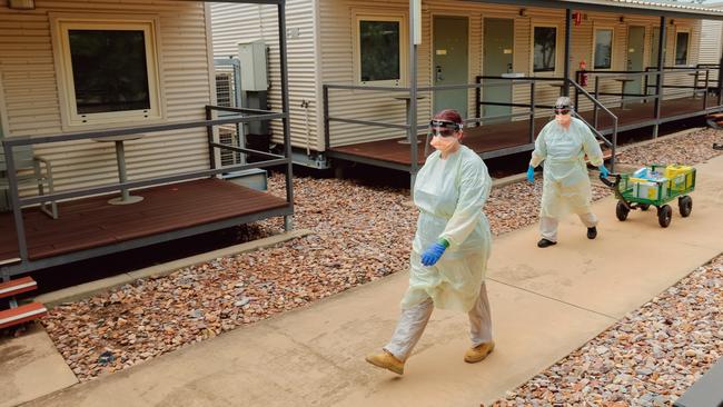 A swabbing team conducts COVID-19 tests at the Howard Springs quarantine centre on the outskirts of Darwin. Picture: Glenn Campbell