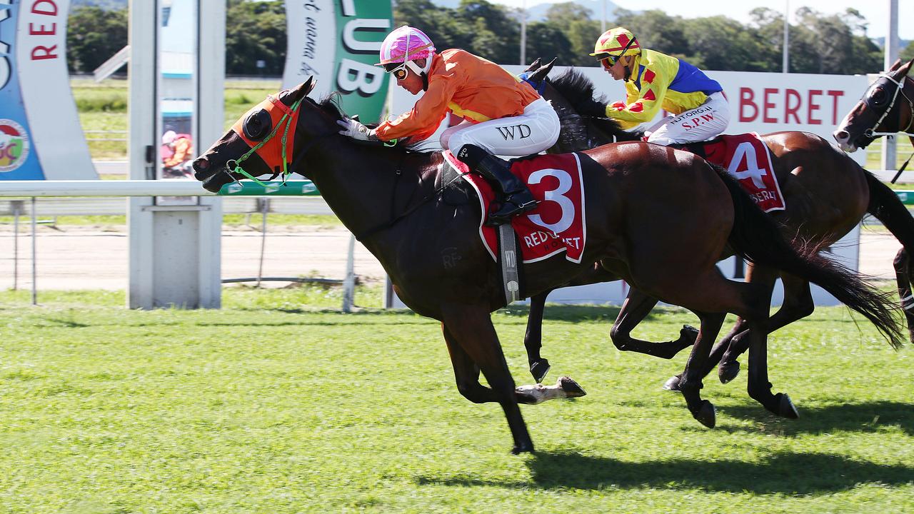 Oriental Girl, ridden by Wanderson D'Avila, wins Race 3 at the Cairns Jockey Club, Cannon Park, Woree Picture: Brendan Radke