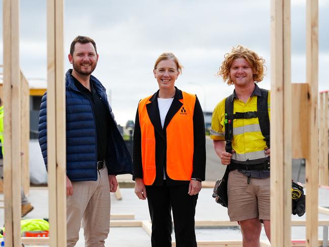 Housing minister Felix Ellis with Vonette Mead, Master Builders Tasmania, and Ryan from JDR Homes after announcing further funds for the house building sector. Picture: Supplied