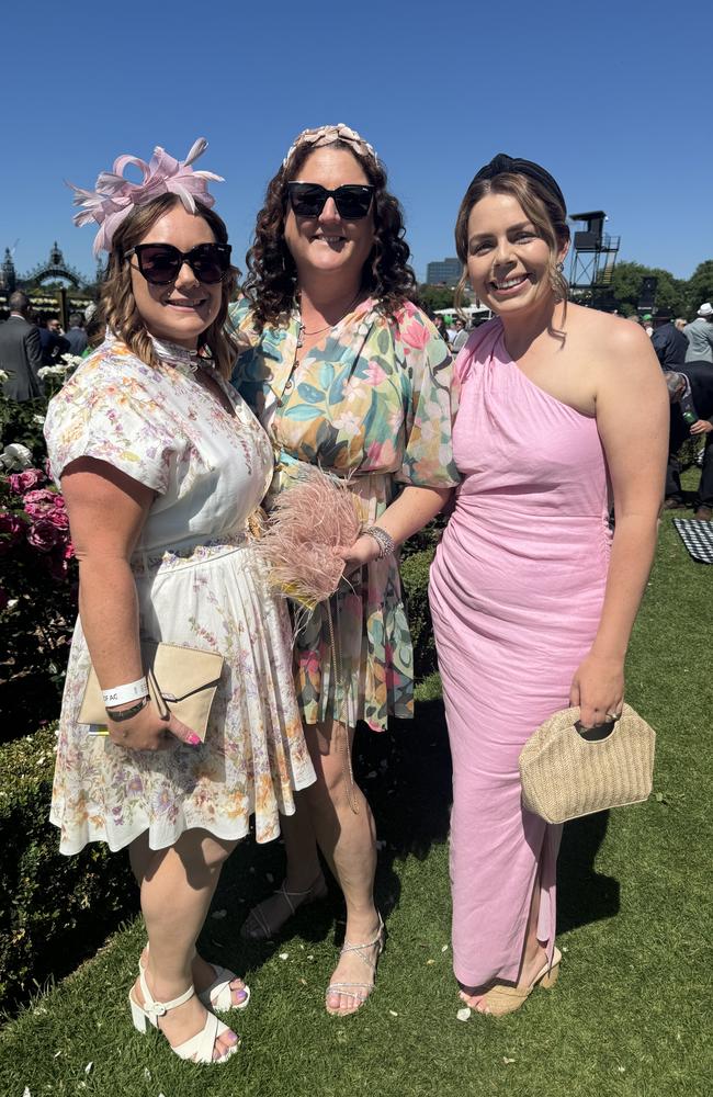 Jessica Page, Jade Curtis and Jillian Ferrara at the Melbourne Cup at Flemington Racecourse on November 5, 2024. Picture: Phillippa Butt