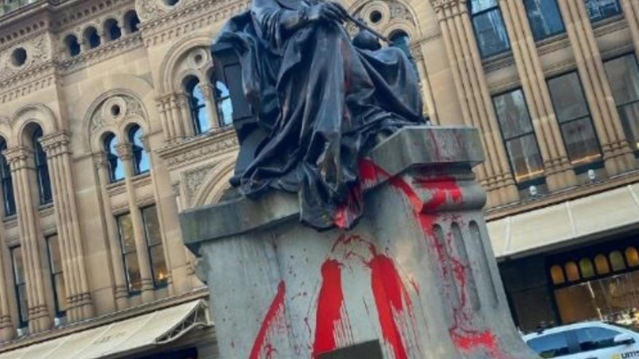 Red paint pictured splattered over the Queen Victoria statue in Sydney. Credit: 2GB