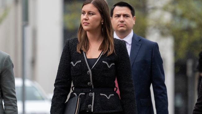 Brittany Higgins arrives to give evidence in front of an ACT Supreme Court jury on the third day of the trial of her alleged rapist, Bruce Lehrmann. (Photo by Martin Ollman/Getty Images)