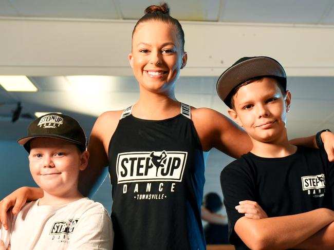 Step Up Townsville is encouraging more boys to join their hip hop classes. Teacher  Telissa Timpone with Jonty Furnell 11 and Aiden Burke 12. Picture: Alix Sweeney