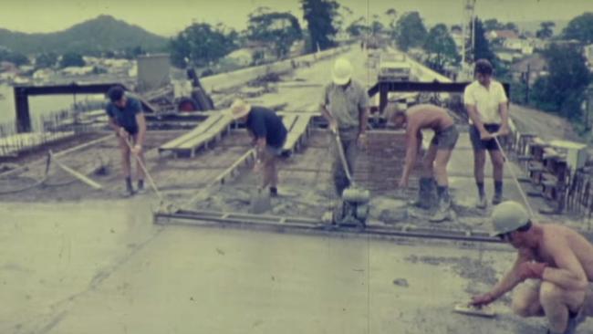 Completing the road surface on The Rip Bridge from a 1974 DMR film.