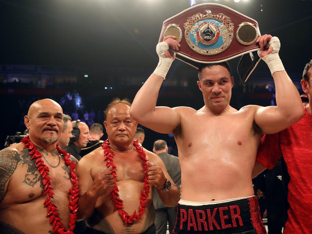 Joseph Parker with the WBO heavyweight belt he won in a unanimous decision over Andy Ruiz in 2016. Picture: Nick Potts/PA Images/Getty Images