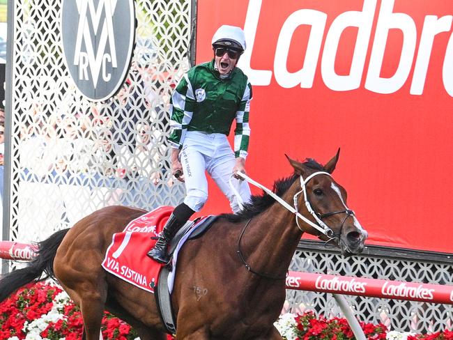 MELBOURNE, AUSTRALIA - OCTOBER 26: James McDonald riding Via Sistina winning Race 9, the Ladbrokes Cox Plate - Betting Odds during Cox Plate Day at Moonee Valley Racecourse on October 26, 2024 in Melbourne, Australia. (Photo by Vince Caligiuri/Getty Images)