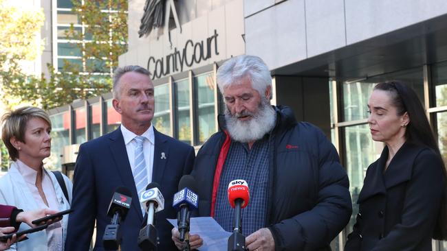 Constable Josh Prestney’s parents Andrew and Belinda Prestney, Senior Constable Lynette Taylor’s husband Stuart Schultz and Senior Constable Kevin King’s partner Sharron Mackenzie. Picture: NCA NewsWire / David Crosling