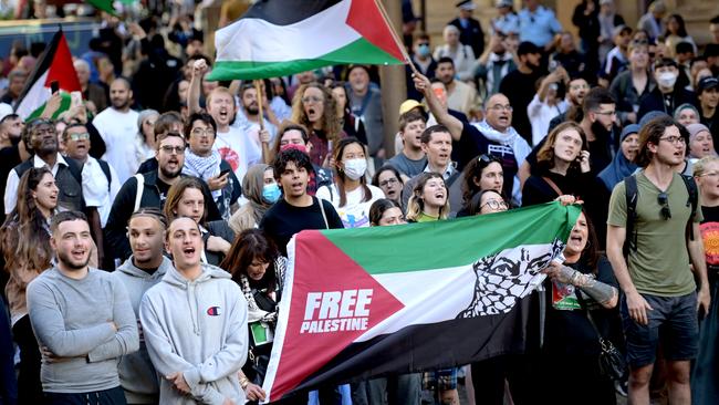 Gerard Buttigieg, son of Labor MP Mark Buttigieg, (centre, black top) at the pro-Palestine rally on Monday. Picture: Jeremy Piper