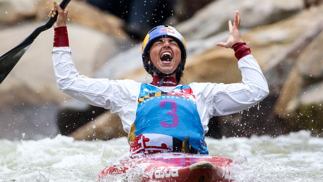 Jessica Fox celebrates creating history by winning gold in the K1W and C1W events at the ICF Canoe Slalom World Championships in Deep Creek, USA. (Photo: ICF)