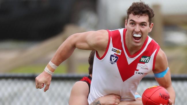 Wimmera FNL, Round 14, Stawell Warriors V Ararat Rats, at Stawell, Jesse Barber, 34, Stawell (red)  &  ex Carlton Tom Williamson, 5,   Ararat (white),   Picture Yuri Kouzmin