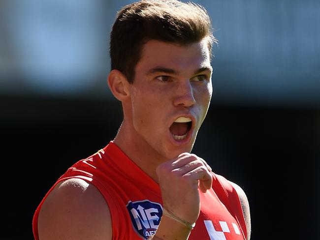GOLD COAST, QUEENSLAND - JULY 02: Jaeger O'Meara of the Suns looks on during the NEAFL match between the Gold Coast Suns and the Southport Sharks at Metricon Stadium on July 2, 2016 in Gold Coast, Australia. (Photo by Matt Roberts/AFL Media/Getty Images)