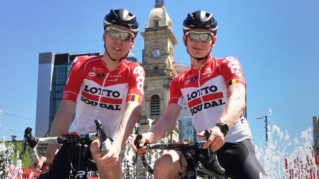 Andre Greipel (right) and teammate Marcel Sieberg after a training run in Adelaide. Picture: Picture: Reece Homfray