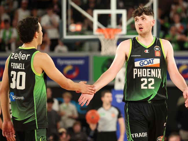 MELBOURNE, AUSTRALIA - MARCH 02: Matt Hurt of the Phoenix celebrates during game two of the NBL Semi Final Series between South East Melbourne Phoenix and Illawarra Hawks at John Cain Arena, on March 02, 2025, in Melbourne, Australia. (Photo by Kelly Defina/Getty Images)