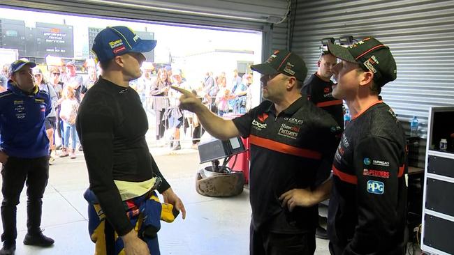 Erebus Motorsport team boss Barry Ryan (middle) argues with Mark Winterbottom (left) last year. Picture: Fox Sports