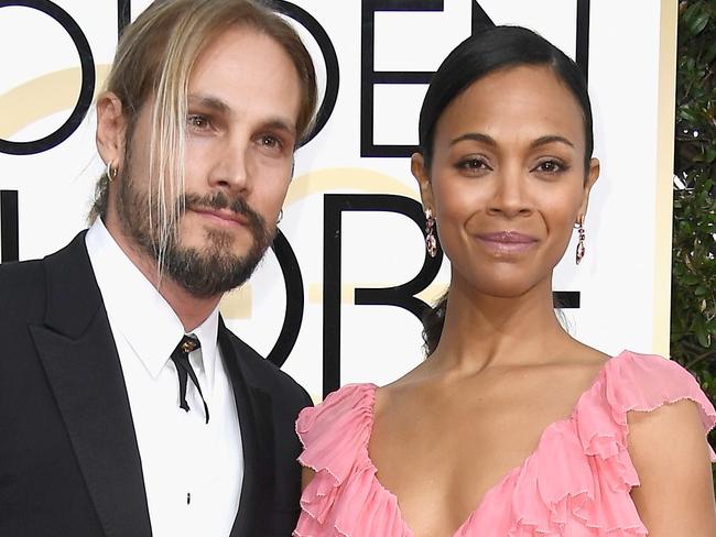 Zoe Saldana with her husband at the Golden Globes in January. Picture: Getty Images