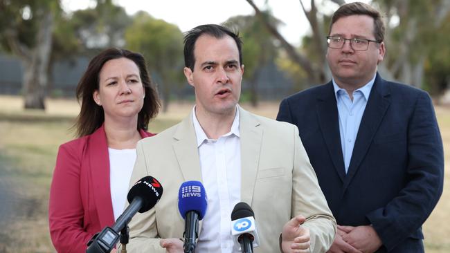 Opposition Leader Vincent Tarzia fronts the media at Hallett Cove on Sunday after the Black by-election loss, flanked by Upper House Liberal Heidi Girolamo and deputy leader John Gardner. Picture: Russell Millard Photography