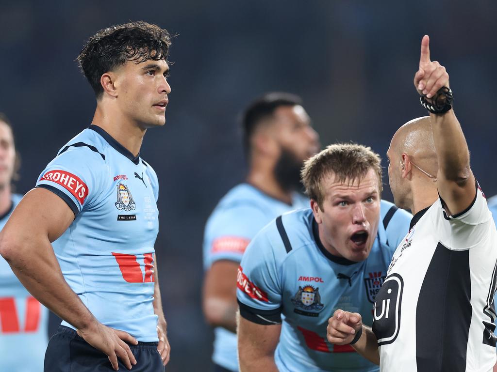 Joseph-Aukuso Suaalii has been sent off after just seven minutes, the quickest send off in Origin history. Picture: Getty Images