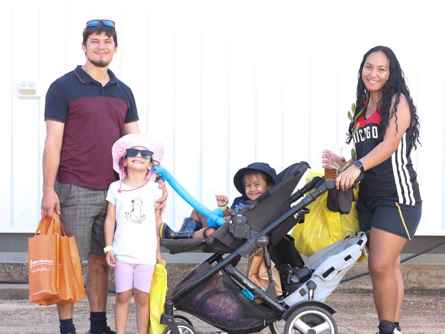 Martin Van Der Velde and Sharma Waikato with their kids Georgia, 6, and Charlie, 2, enjoying day one of the Royal Darwin Show. Picture: Glenn Campbell