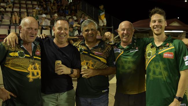 Saints President Adrian Moscheni, Antony Hill, David DeSilver, Lori Cogo and Hamish Marshall at the opening game of the NTFL 22/23 season. Picture: (A)manda Parkinson