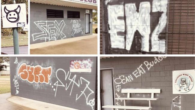 Graffiti vandals targeted Teachers West Rugby Club at Warrina Park in Currajong over the weekend. The club has been hit a dozen times in recent years. Pictures: Supplied.